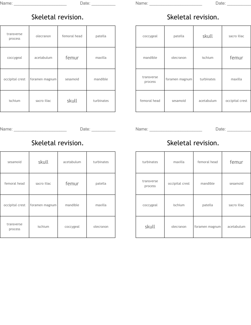Skeletal revision. Bingo Cards