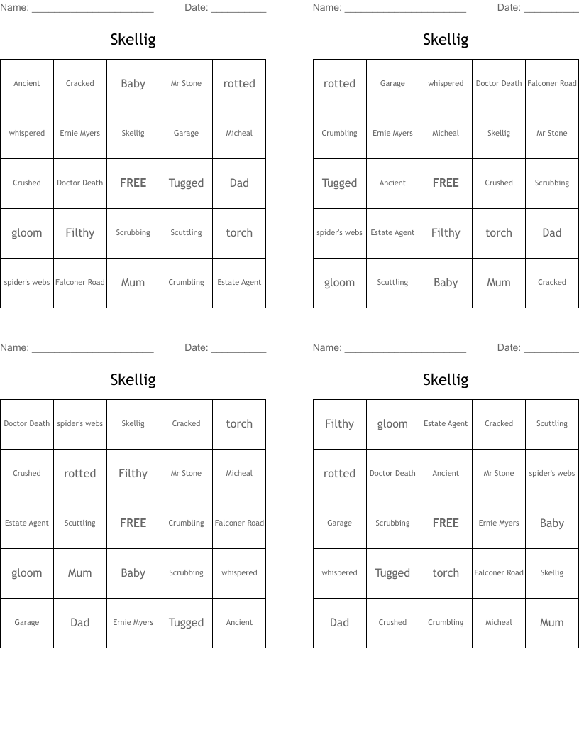 Skellig Bingo Cards