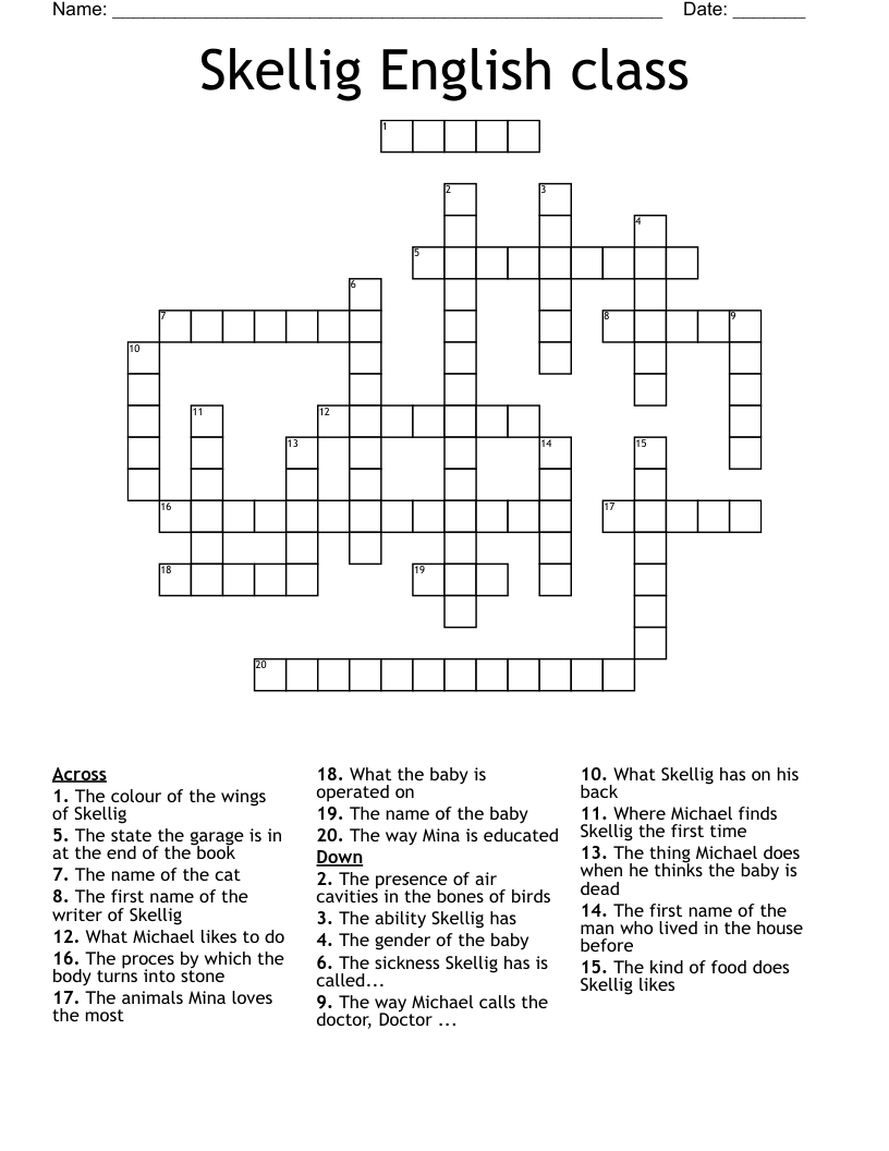 Skellig English class Crossword
