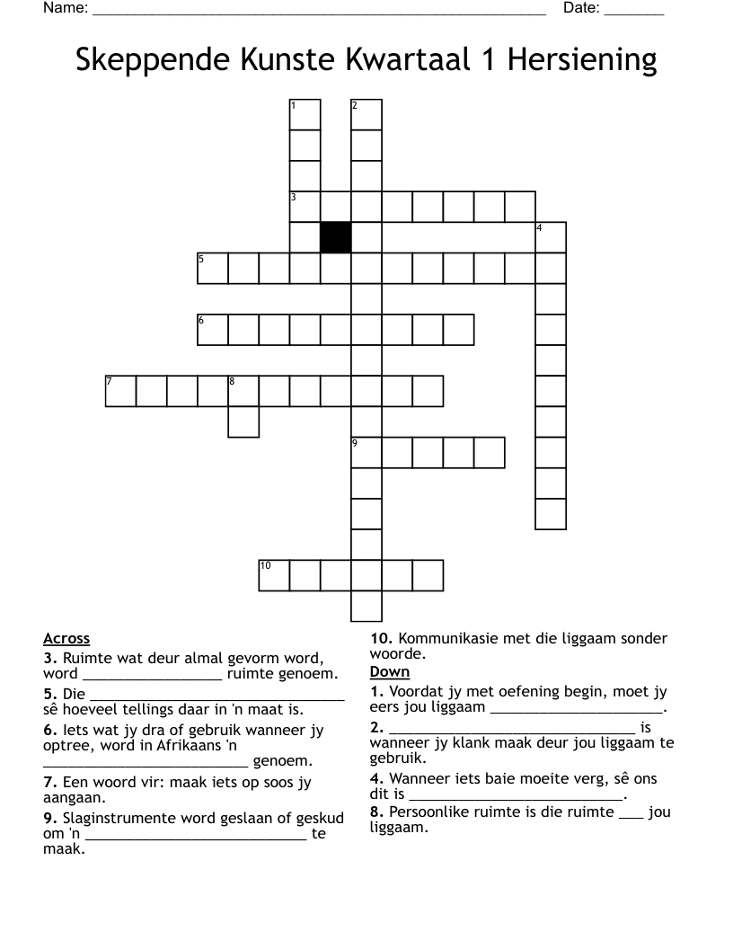Skeppende Kunste Kwartaal 1 Hersiening Crossword