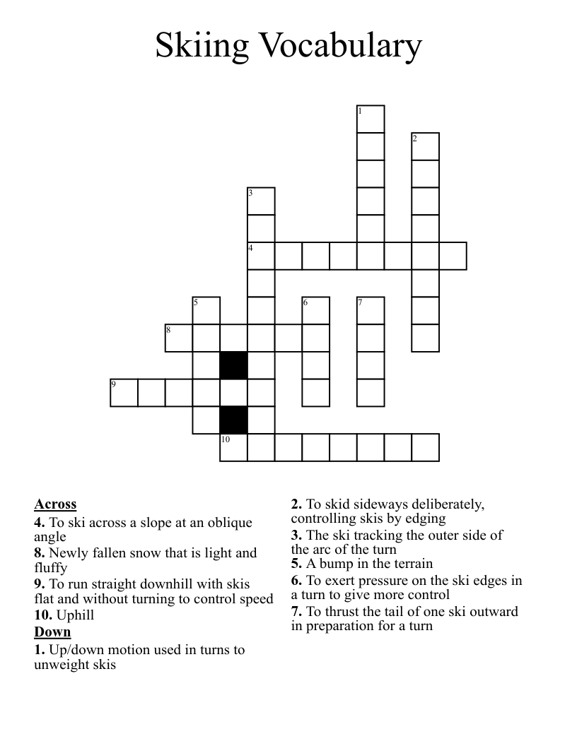 Skiing Vocabulary Crossword