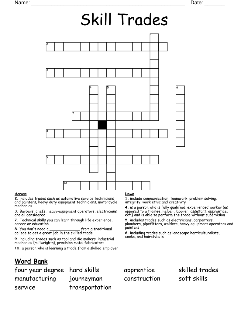 Skill Trades Crossword