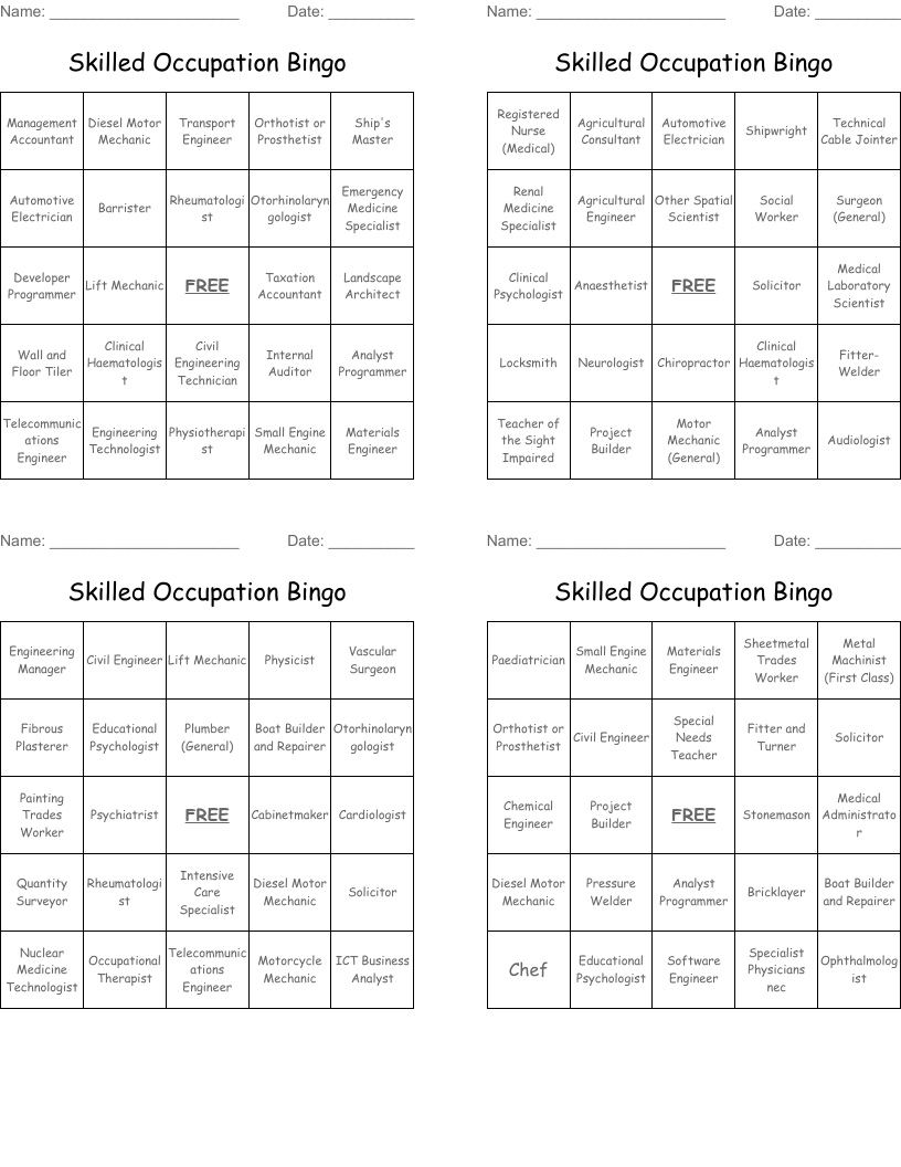 Skilled Occupation Bingo