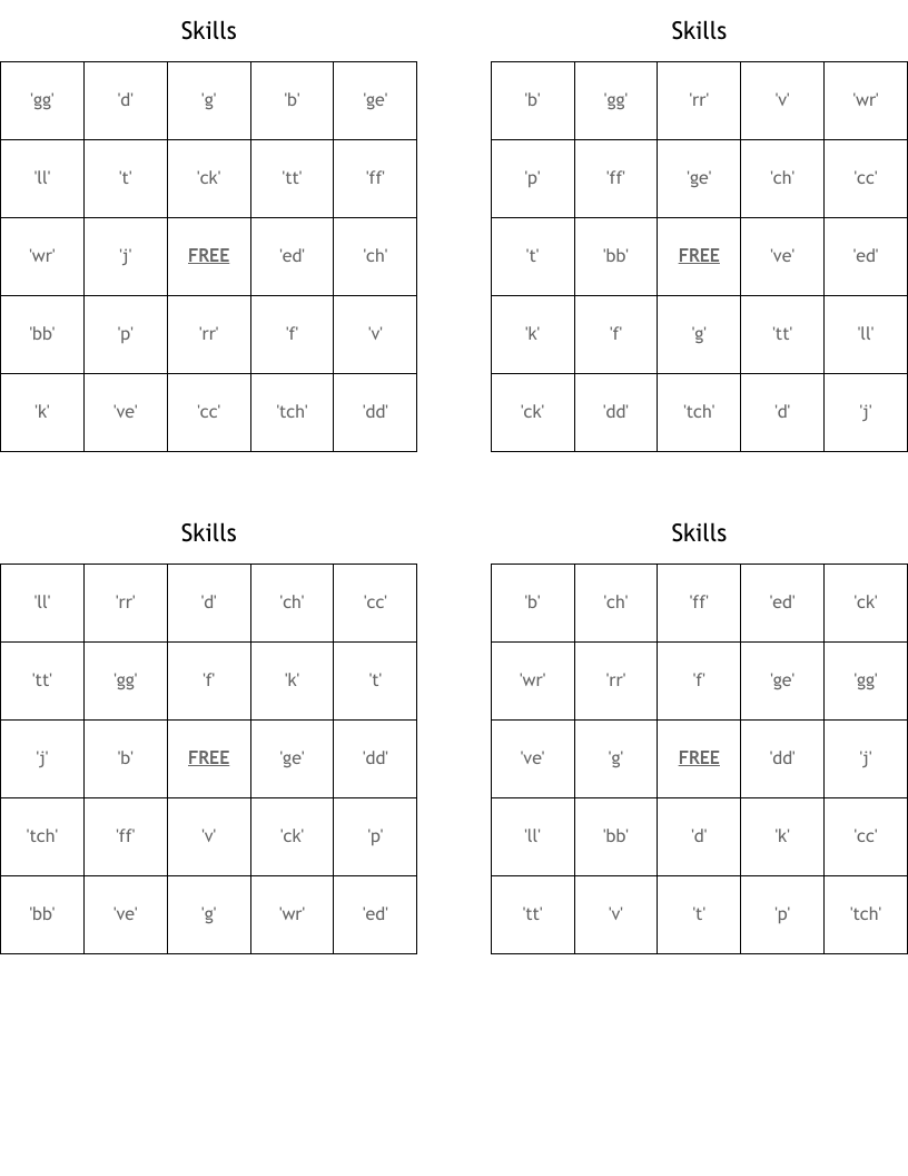 Skills Bingo Cards