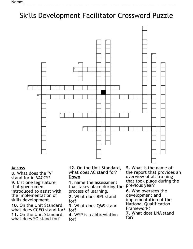 Skills Development Facilitator Crossword Puzzle