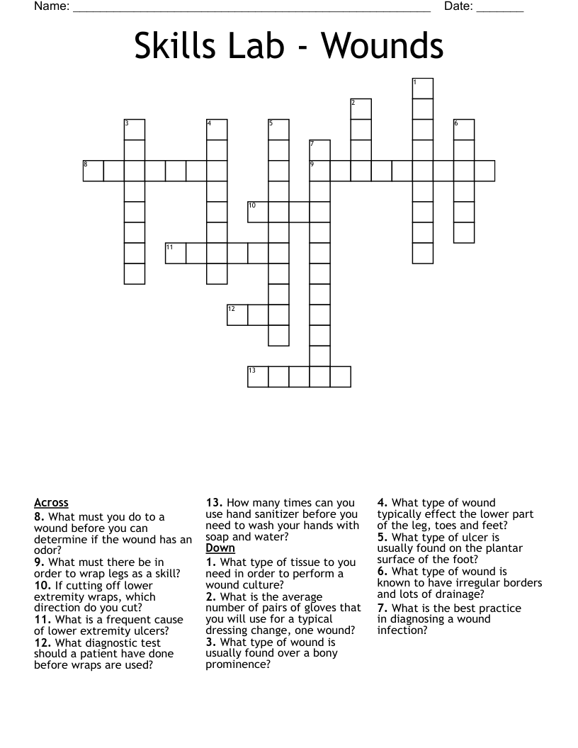 Skills Lab - Wounds Crossword