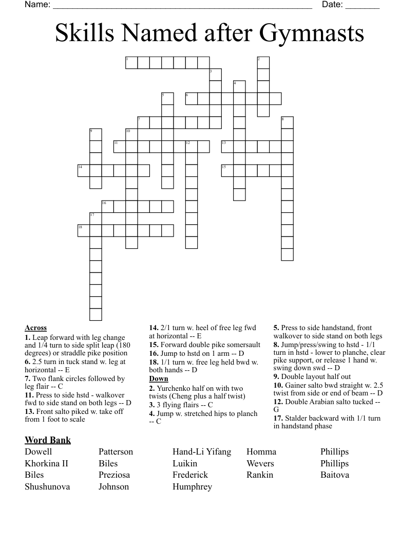 Skills Named after Gymnasts Crossword