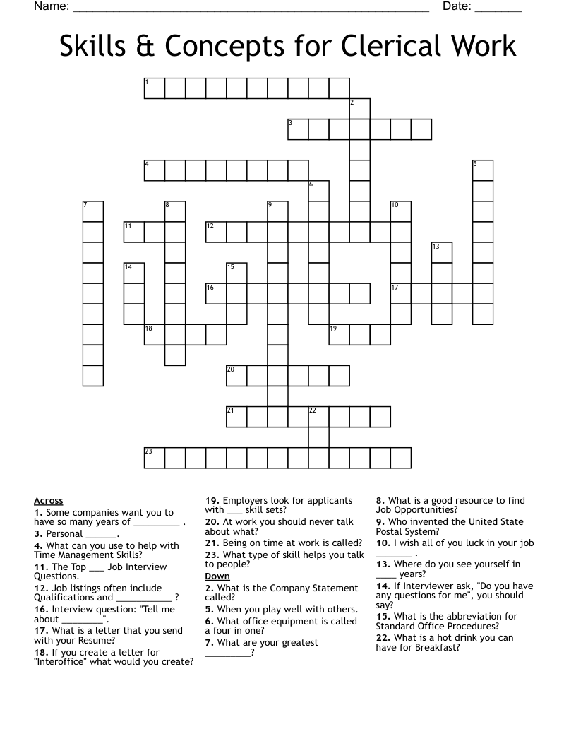 Skills & Concepts for Clerical Work Crossword