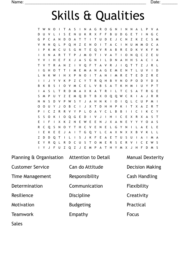 Skills & Qualities Word Search