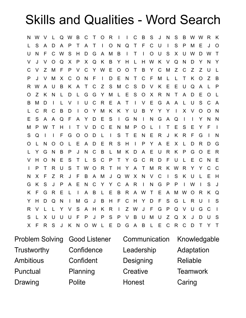 Skills and Qualities - Word Search