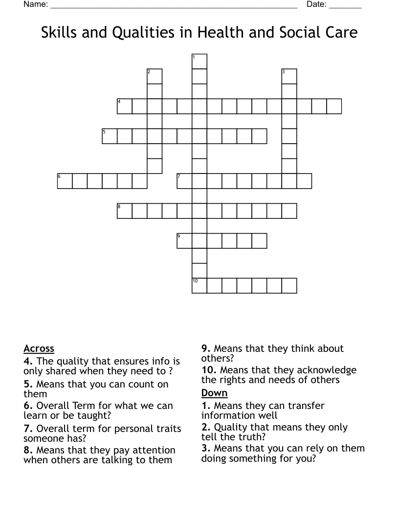 Skills and Qualities in Health and Social Care Crossword
