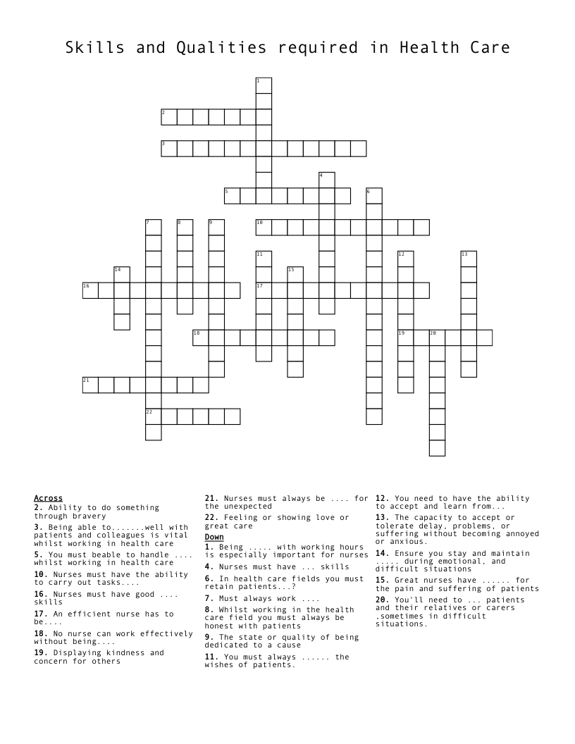 Skills and Qualities required in Health Care  Crossword