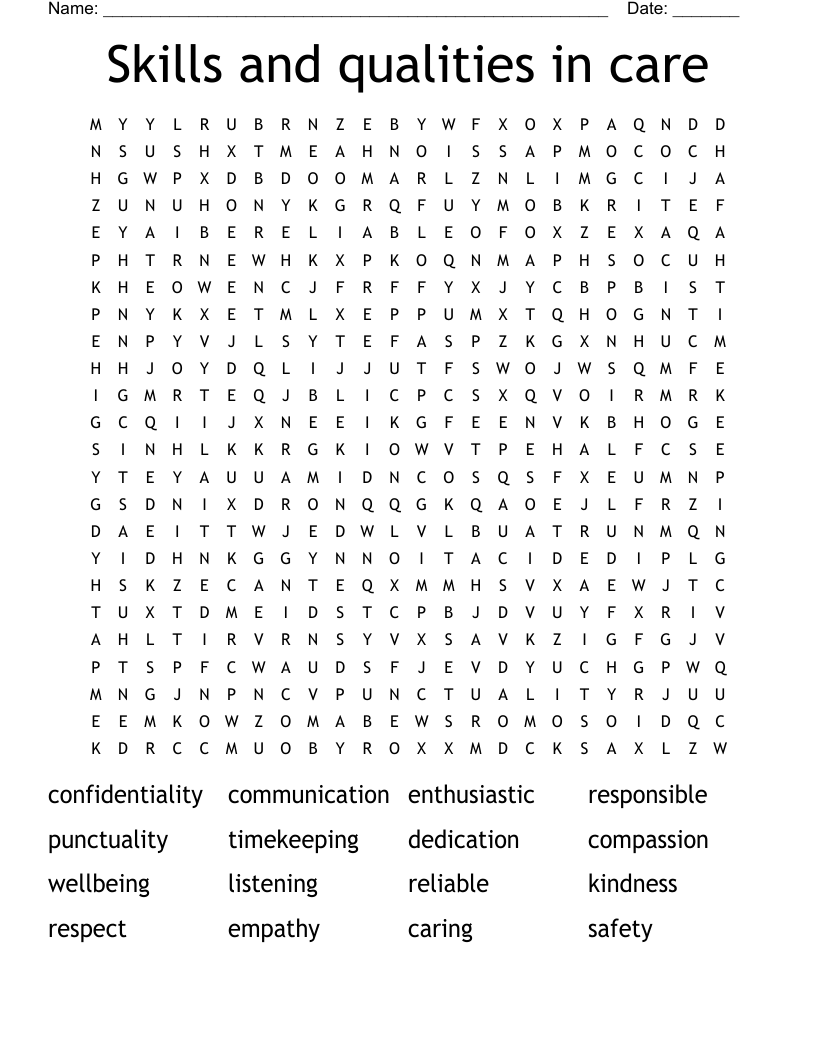 Skills and qualities in care Word Search