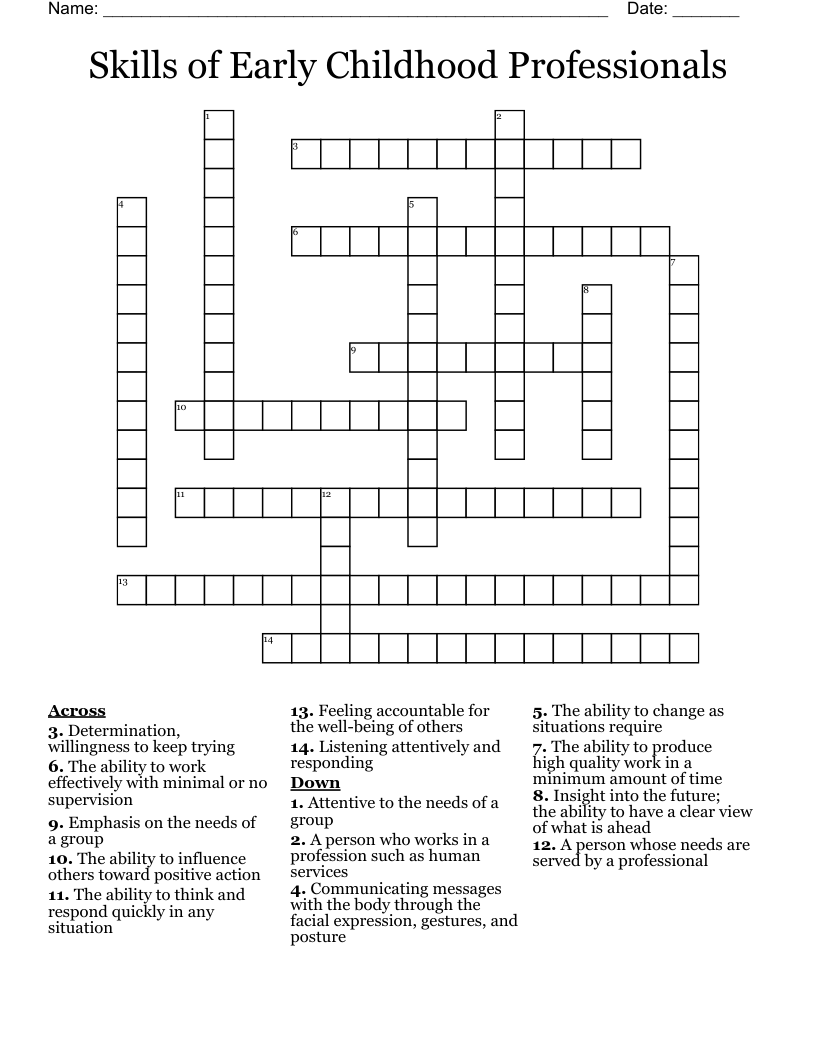 Skills of Early Childhood Professionals  Crossword