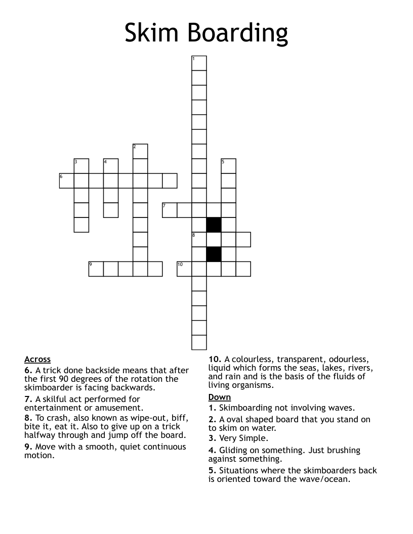 Skim Boarding Crossword