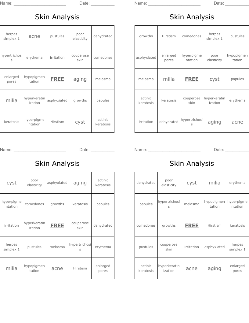 Skin Analysis Bingo Cards