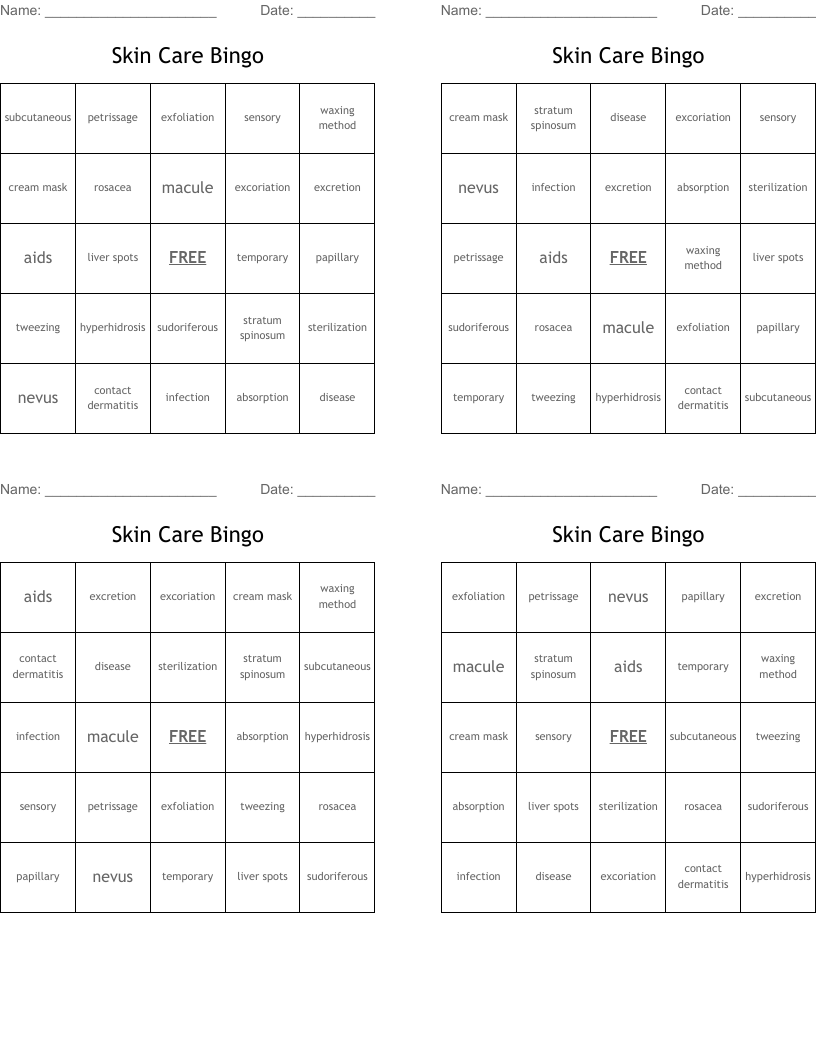 Skin Care Bingo
