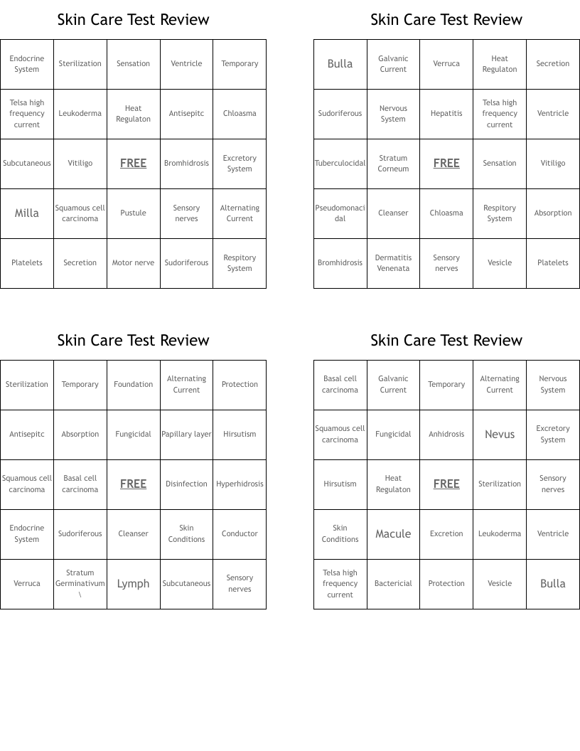 Skin Care Test Review Bingo Cards
