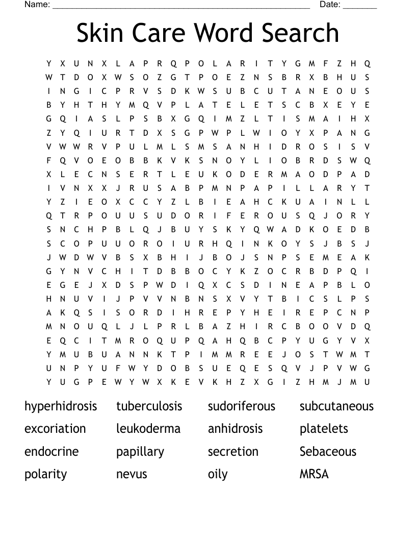 Skin Care Word Search
