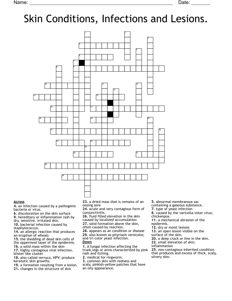 Skin Conditions, Infections and Lesions. Crossword