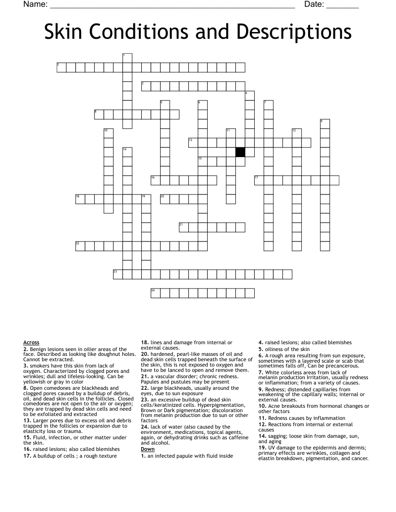 Skin Conditions and Descriptions  Crossword