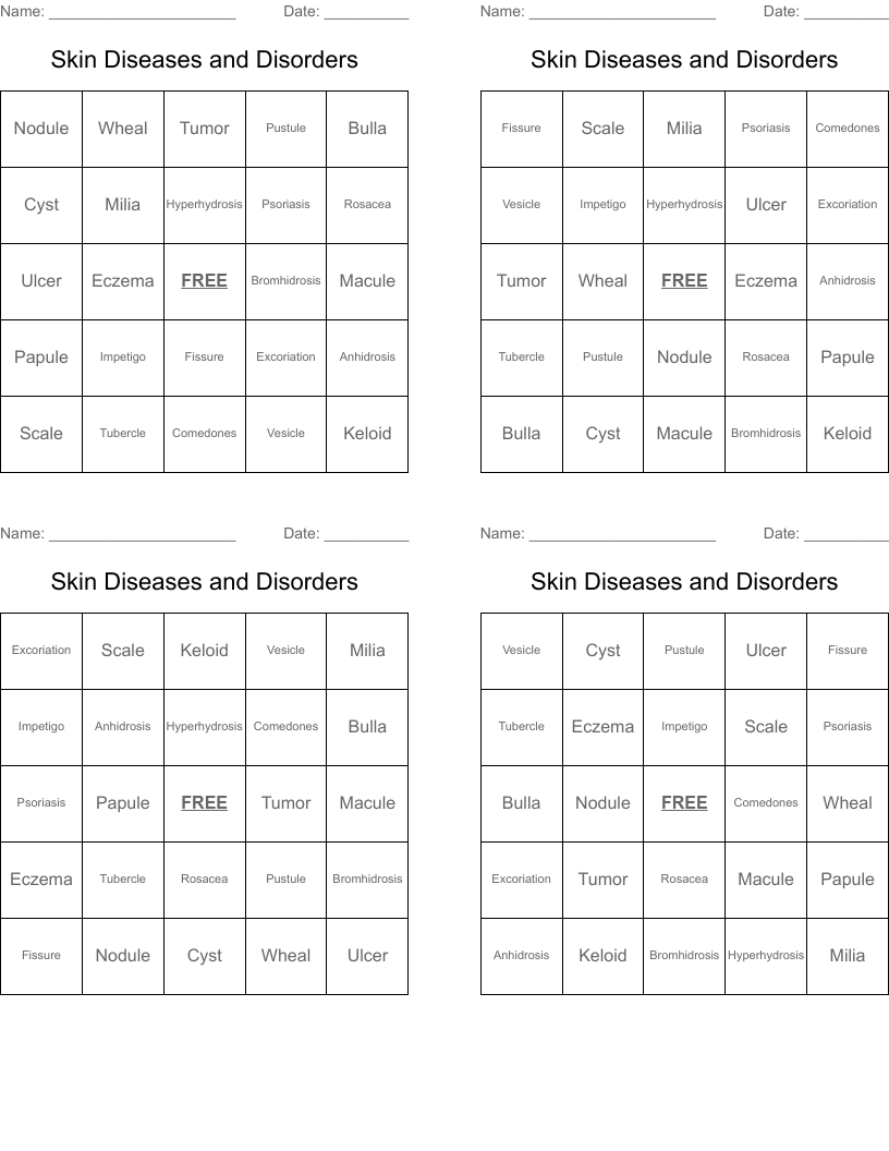 Skin Diseases and Disorders Bingo Cards