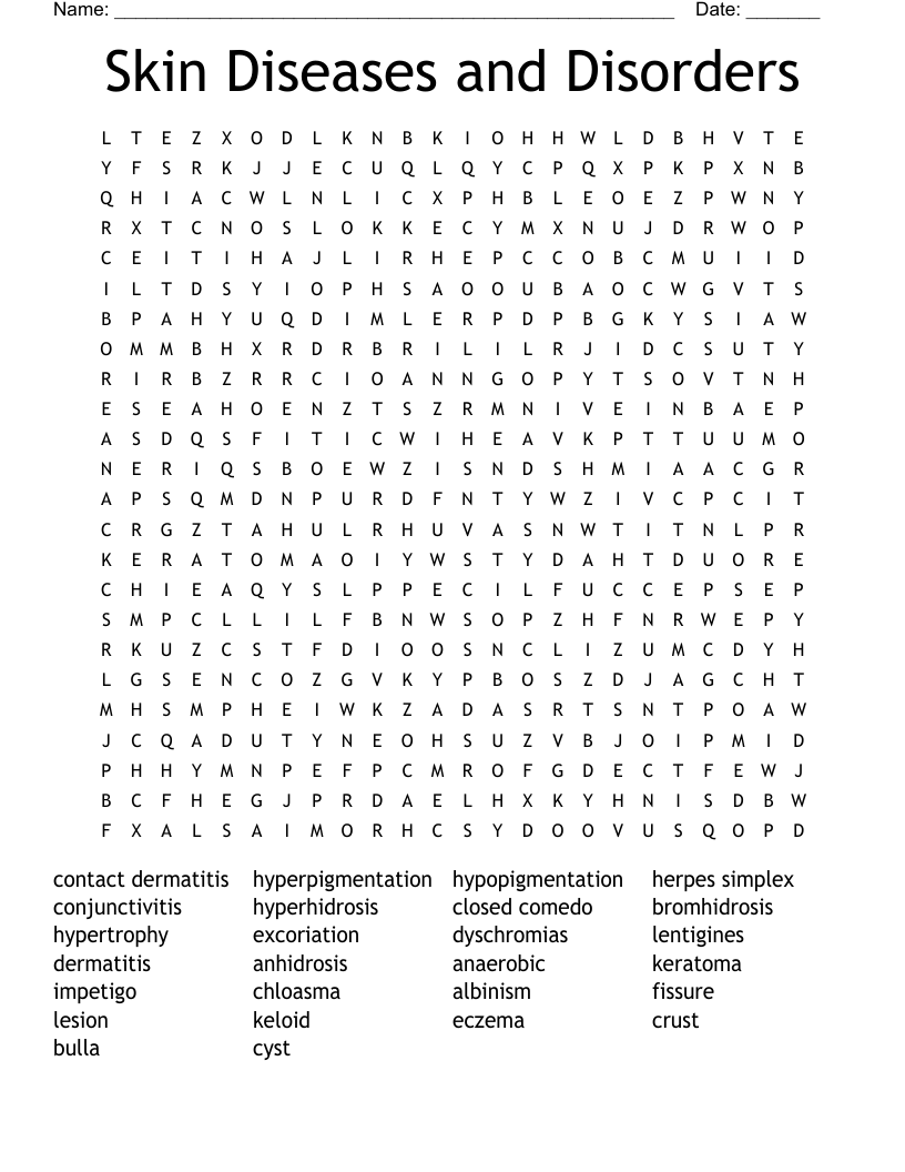 Skin Diseases and Disorders Word Search