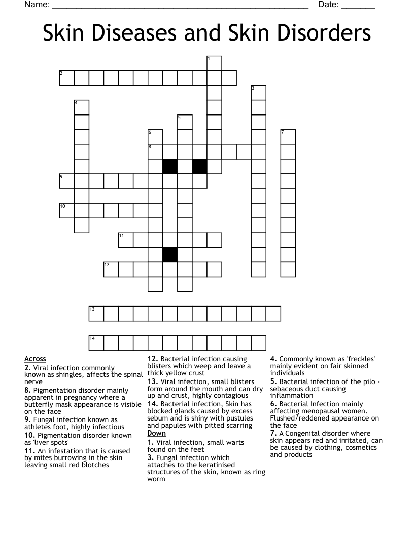 Skin Diseases and Skin Disorders Crossword