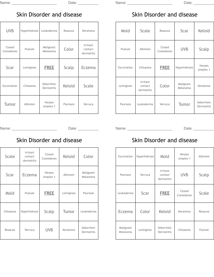Skin Disorder and disease Bingo Cards