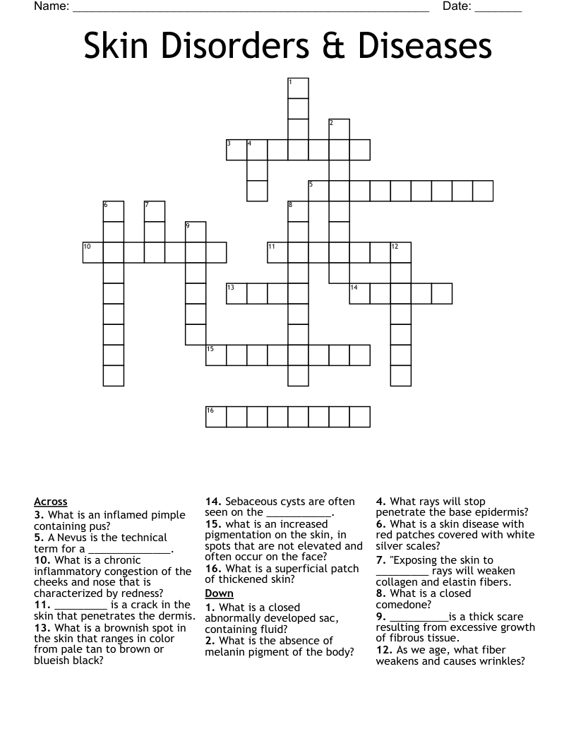 Skin Disorders & Diseases Crossword