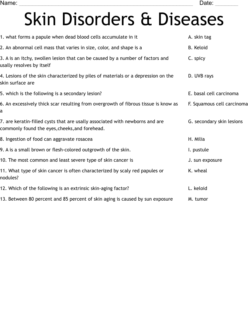 Skin Disorders & Diseases Worksheet