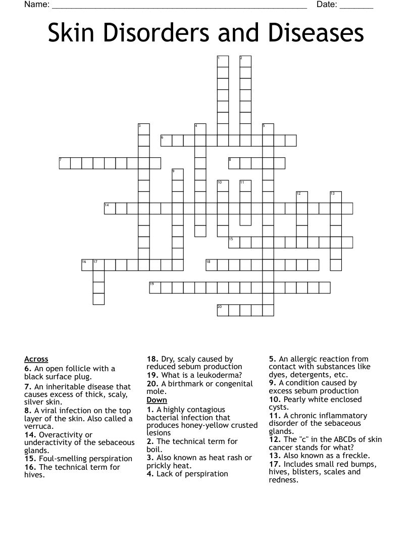 Skin Disorders and Diseases Crossword