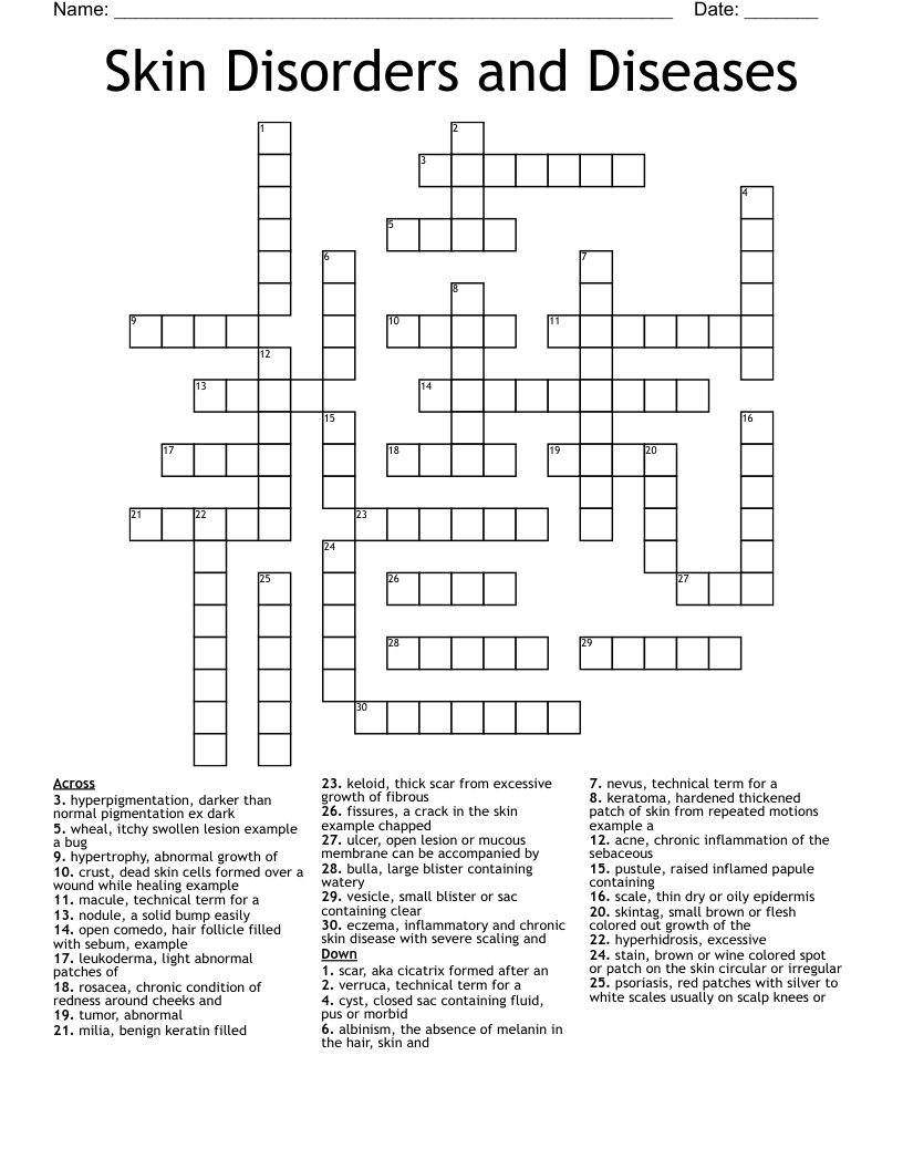 Skin Disorders and Diseases Crossword