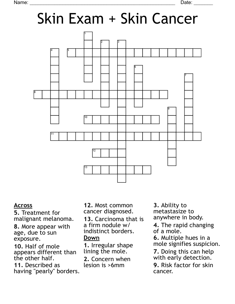 Skin Exam + Skin Cancer Crossword