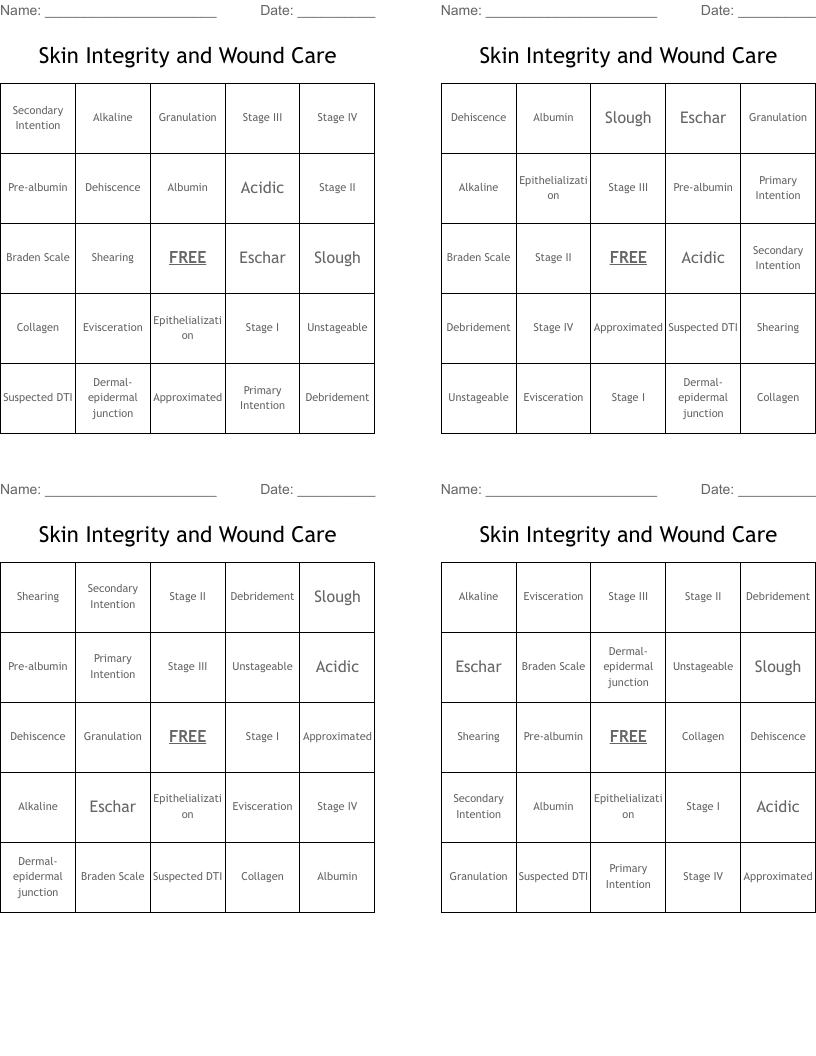 Skin Integrity and Wound Care Bingo Cards