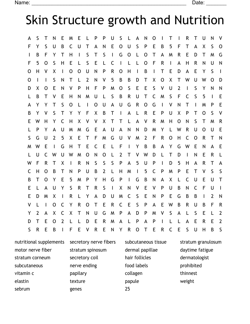 Skin Structure growth and Nutrition Word Search
