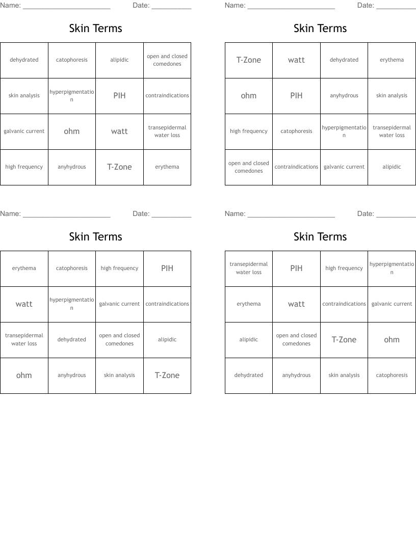 Skin Terms Bingo Cards