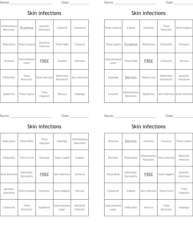 Skin  infections  Bingo Cards
