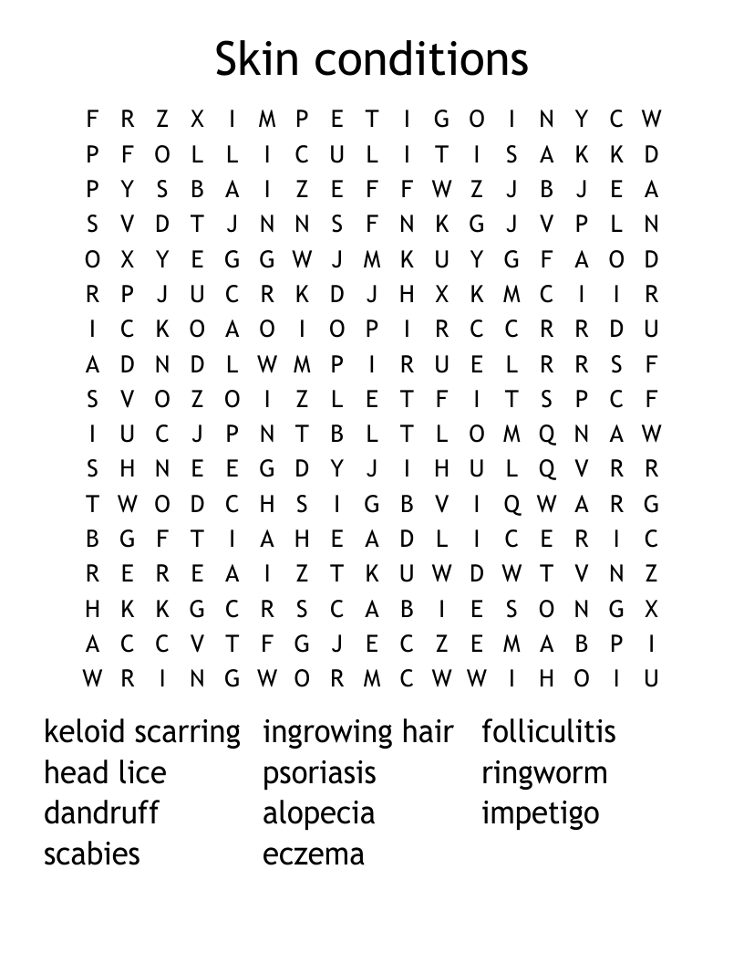 Skin conditions Word Search