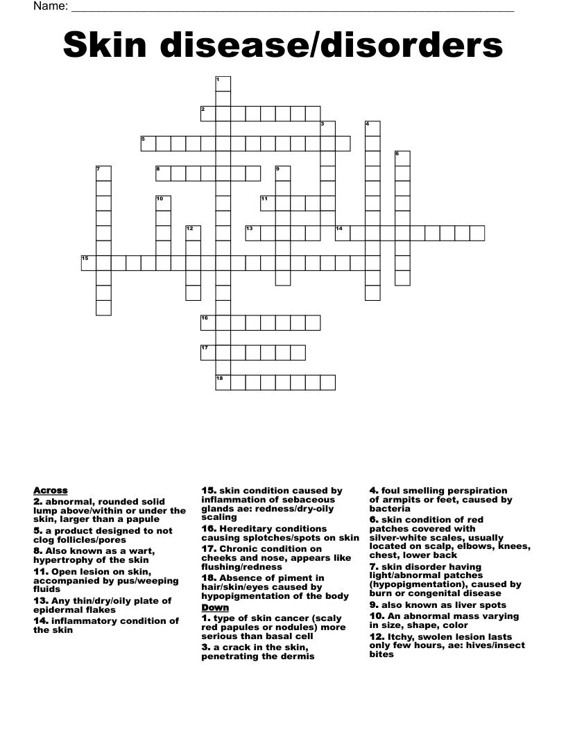 Skin disease/disorders Crossword