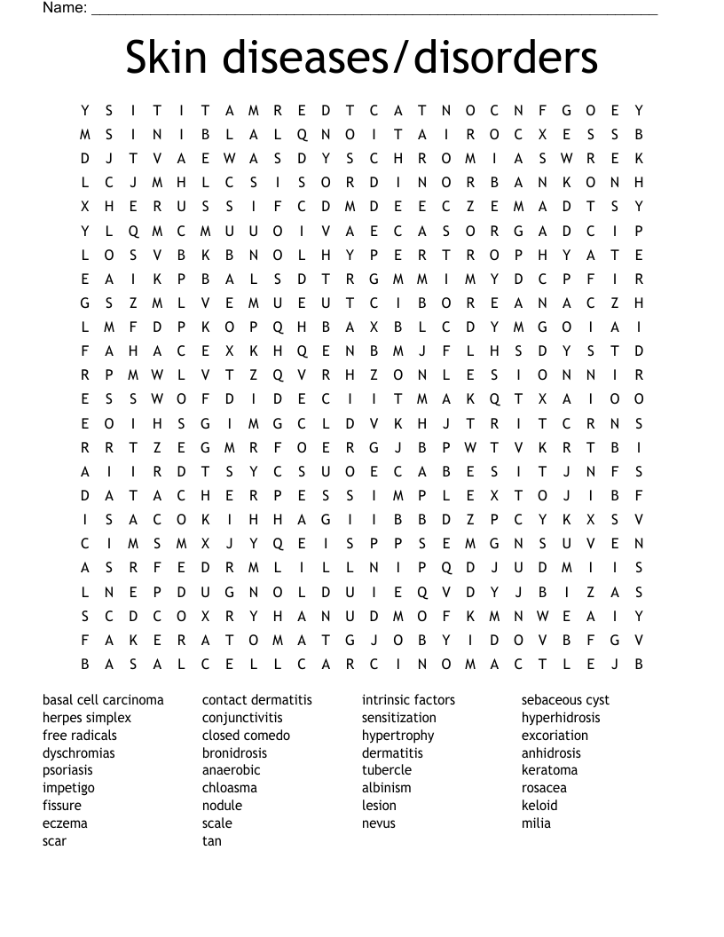 Skin diseases/disorders Word Search