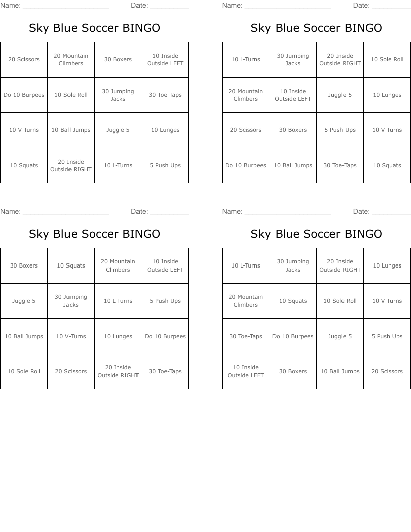 Sky Blue Soccer BINGO