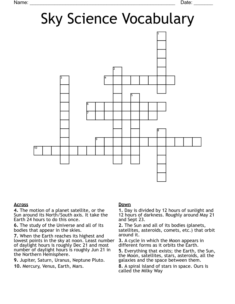 Sky Science Vocabulary Crossword