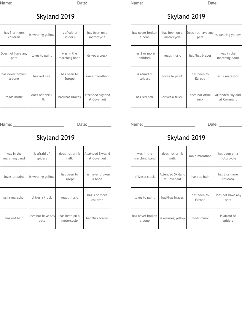 Skyland 2019 Bingo Cards