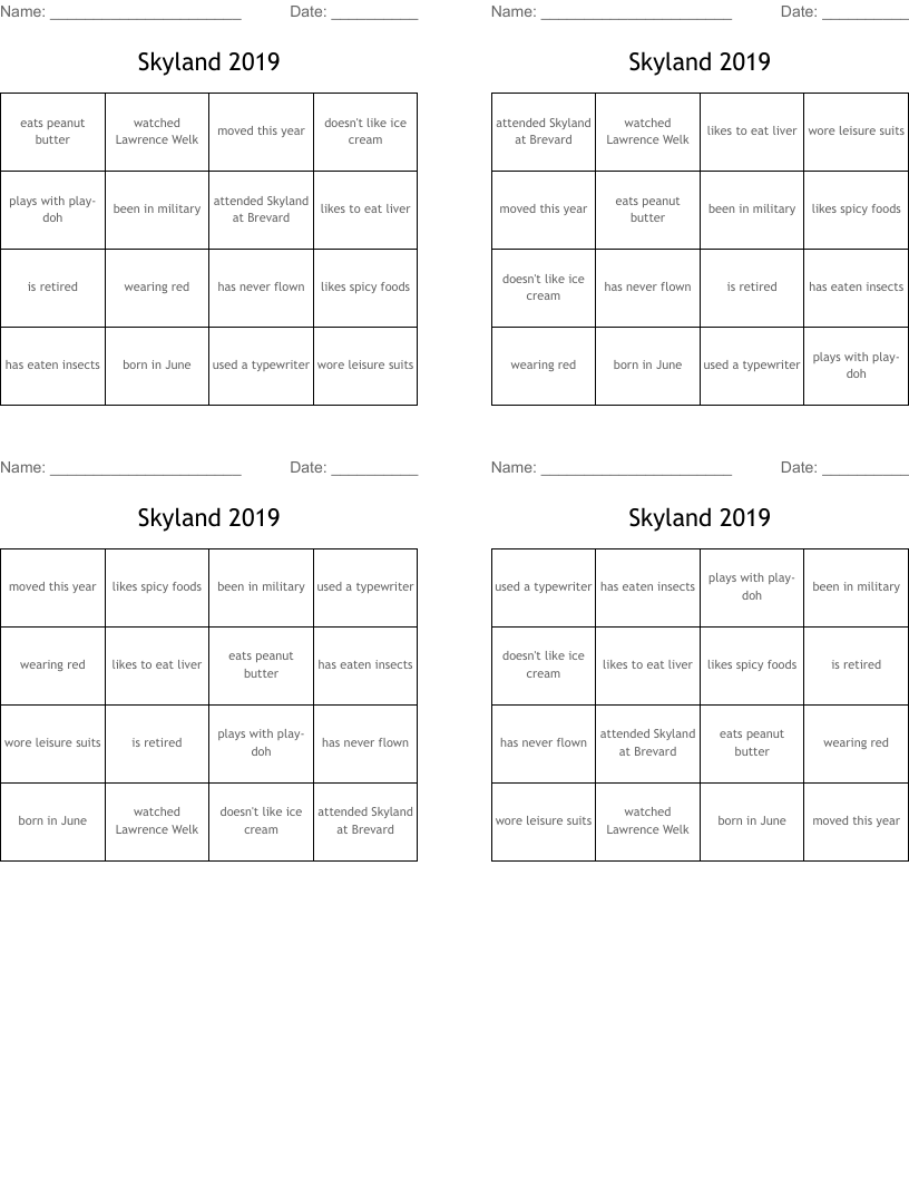 Skyland 2019 Bingo Cards