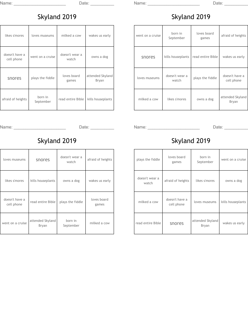 Skyland 2019 Bingo Cards