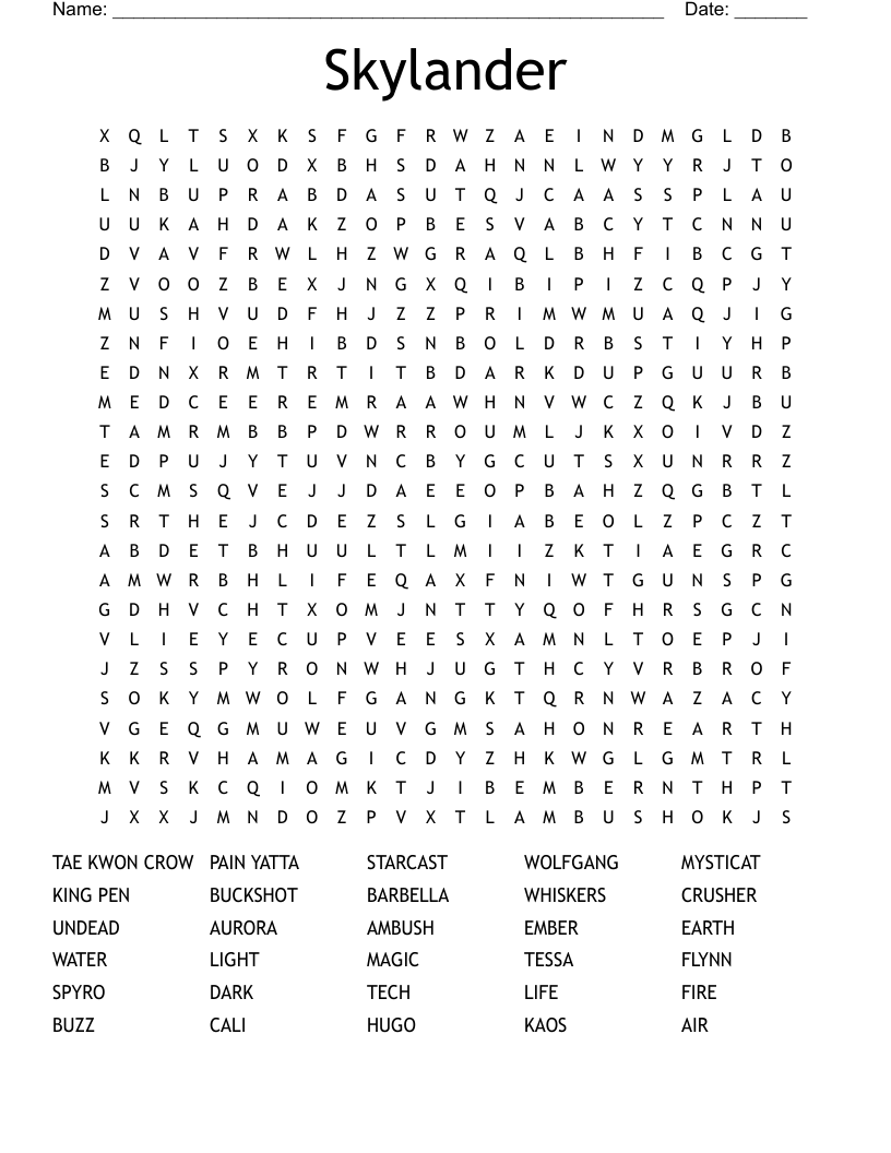 Skylander Word Search