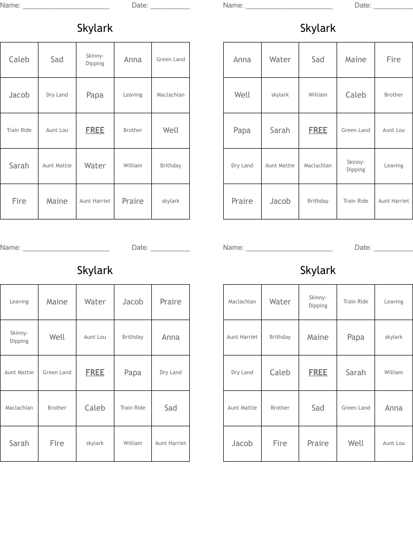 Skylark Bingo Cards