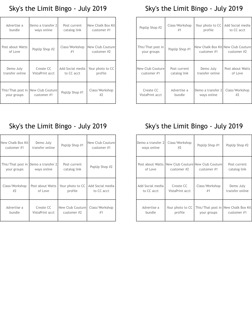 Sky's the Limit Bingo - July 2019