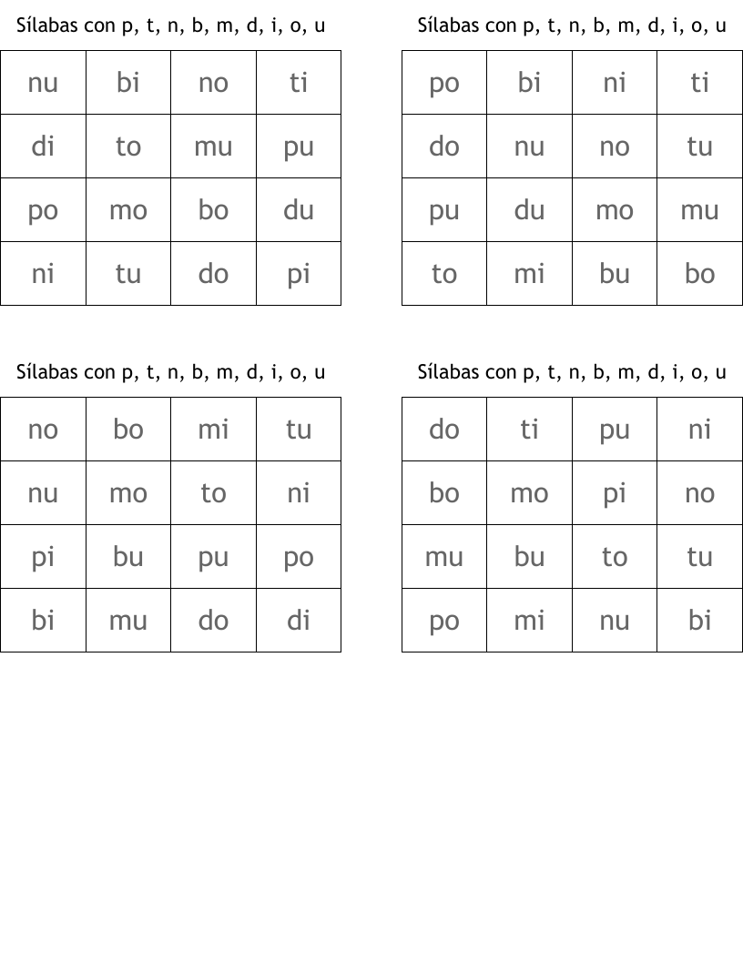 Sílabas con p, t, n, b, m, d, i, o, u Bingo Cards
